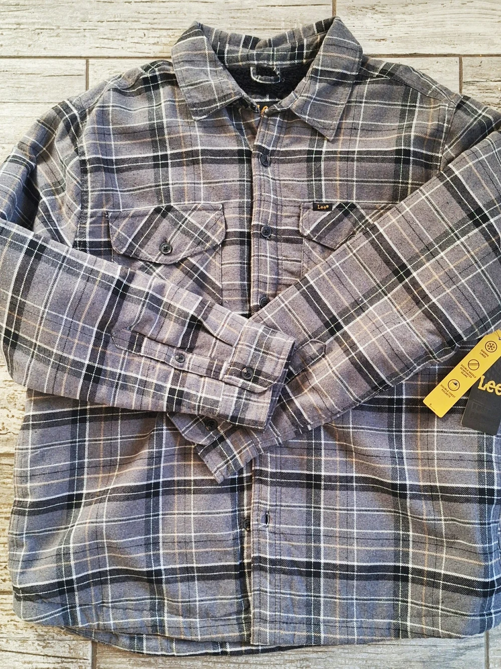 Lee Men’s Regular Fit Plaid Fleece Shirt Jacket, in Black/Gray/Tan plaid